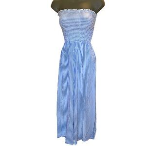 Garage Smocked Midi Jumpsuit Strapless Blue White Stripe Wide Leg Small